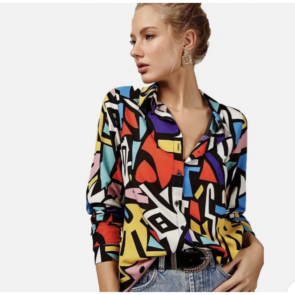 Big Dart Graffiti Pop Art VTG 90s Button Down Shirt M Dopamine funky maximalist
